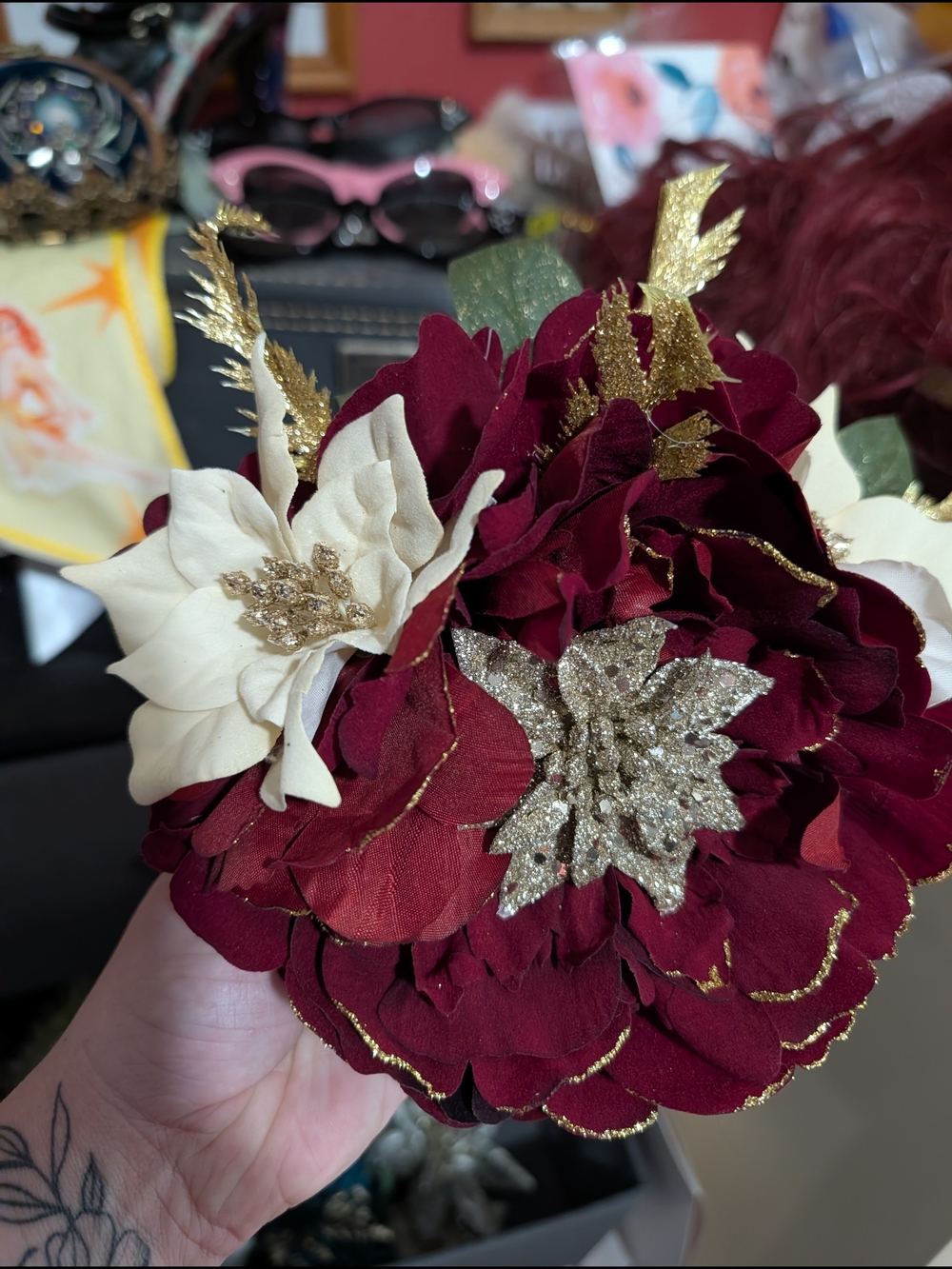 Burgundy and Cream Holiday Floral Hair Clip with Gold Glitter Accents